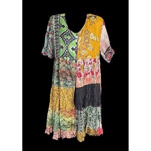 Jakelin Womens Vintage Silk Patchwork Tiered Boho Dress Multicolor Artsy Large